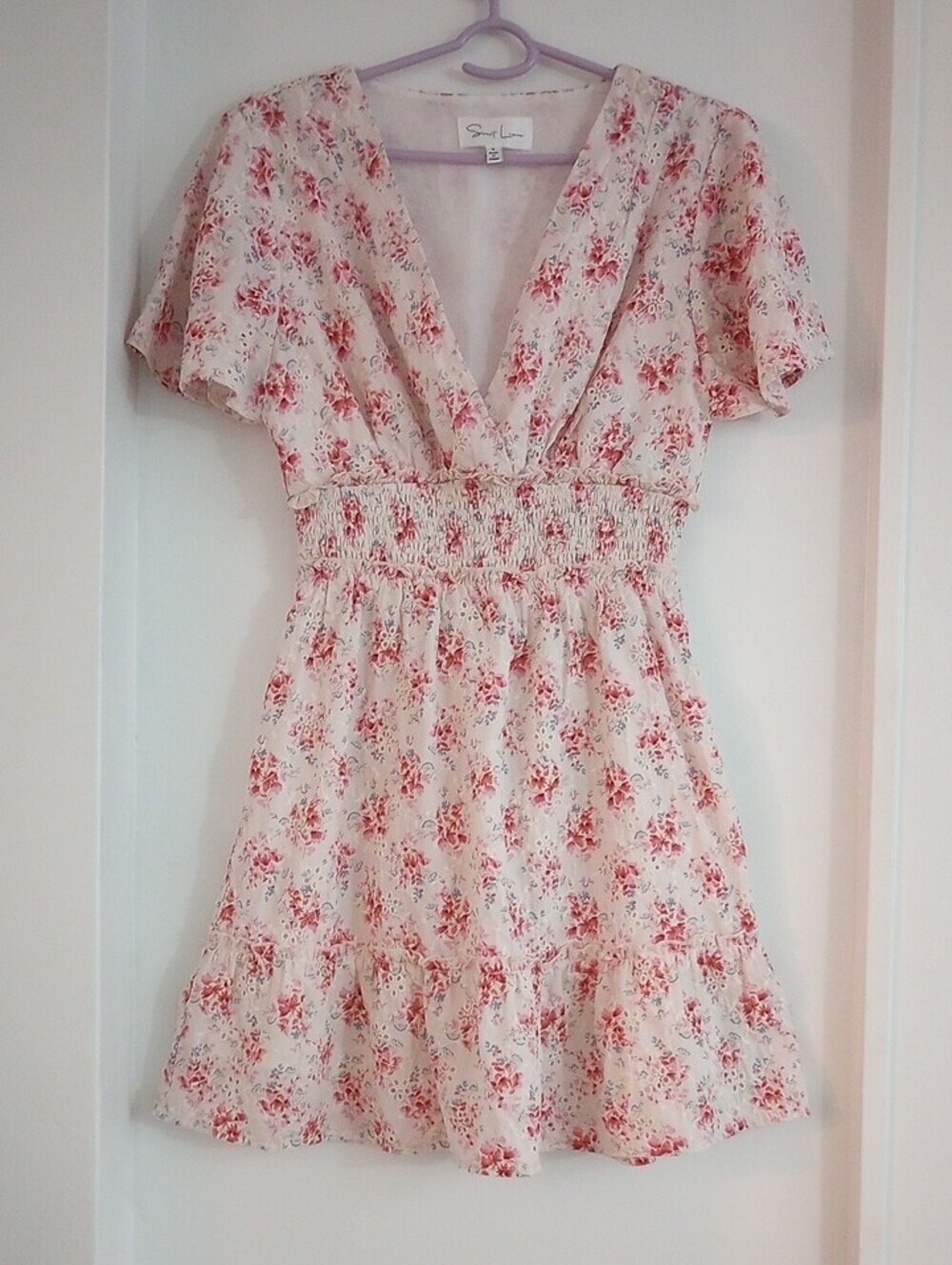 Sweet Lemon Floral Smocked Dress Cottagecore Eyelet Cream Pink Size S